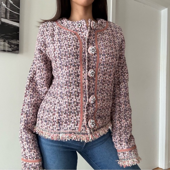 EsQualo Tweed Cropped Jacket Pink Preppy Chic Statement Buttons - Picture 5 of 13